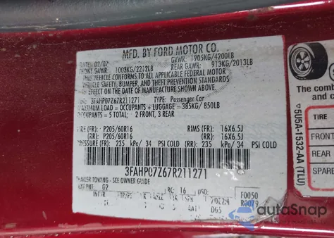 2007 Ford Fusion Se из США, поврежденный, VIN 3FAHP07Z67R211271